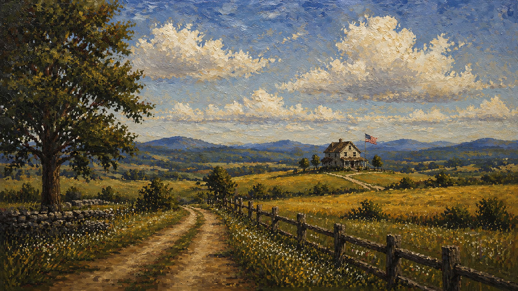 Painted Homestead landscape with a farmhouse and open fields