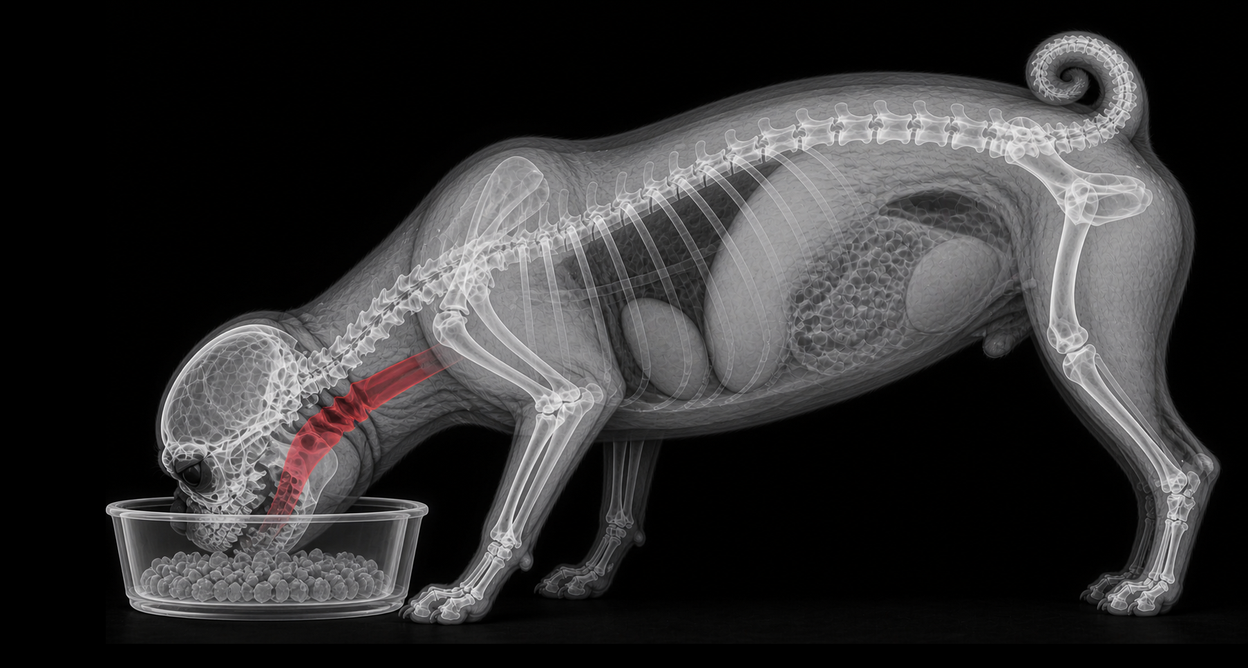 X-ray view of a flat-faced dog eating from a low bowl