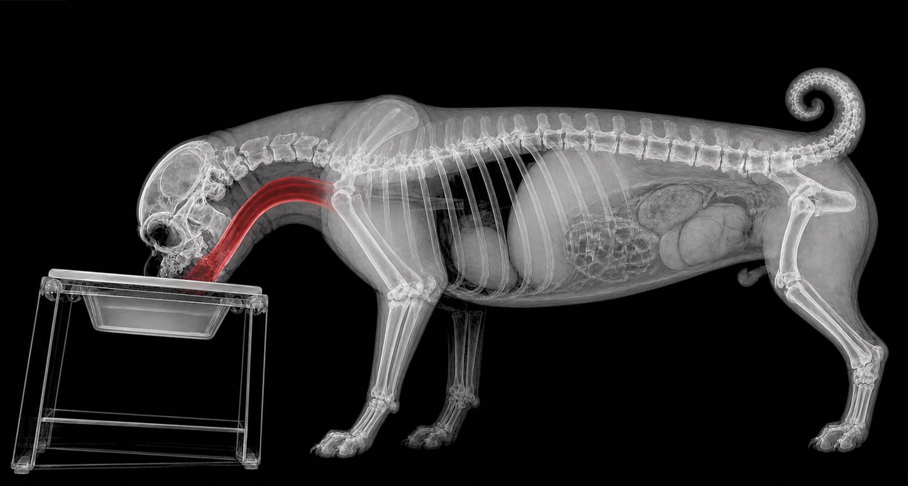 X-ray style comparison of a French Bulldog eating from Homestead No. 01